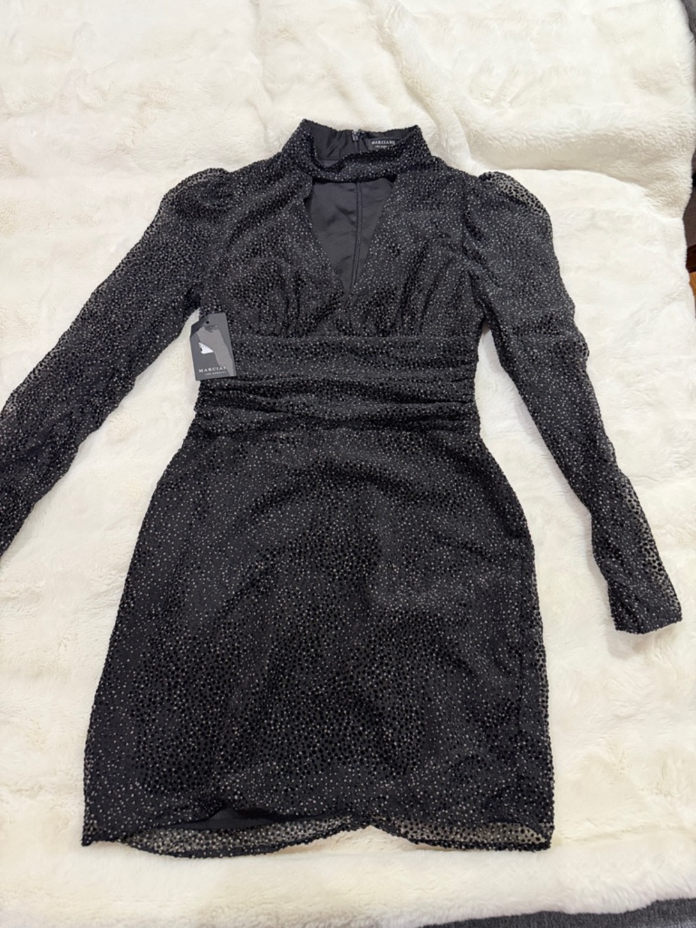 Marciano Black Long-Sleeve Sparkle V-Neck Mini Dress